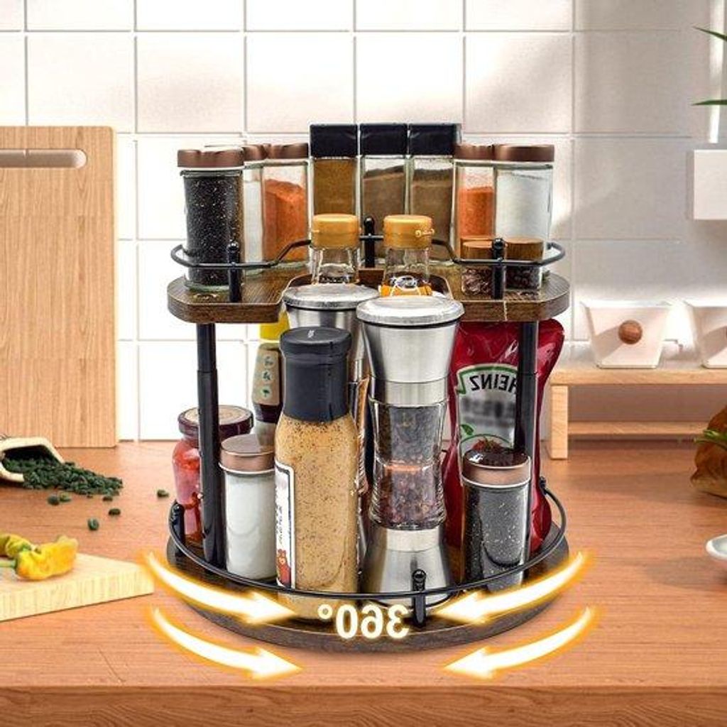 Spice Rack mit 360° Drehbarer Metall- und Holzplatte für stabile Aufstellung auf der Arbeitsplatte