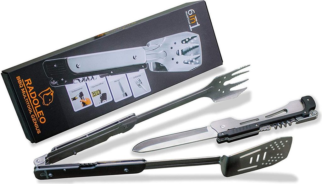 RADOLEO Grill-Multi-Tool GENIUS Grillbesteck 6 Werkzeuge in 1 - Edelstahl Klappbesteck