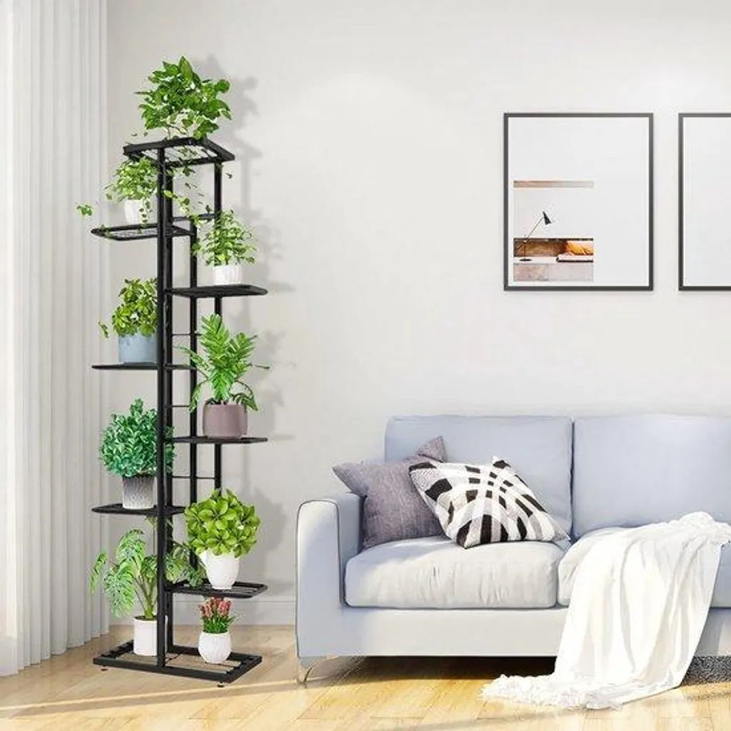Support de jardin à 8 niveaux en métal gris argent pour plantes