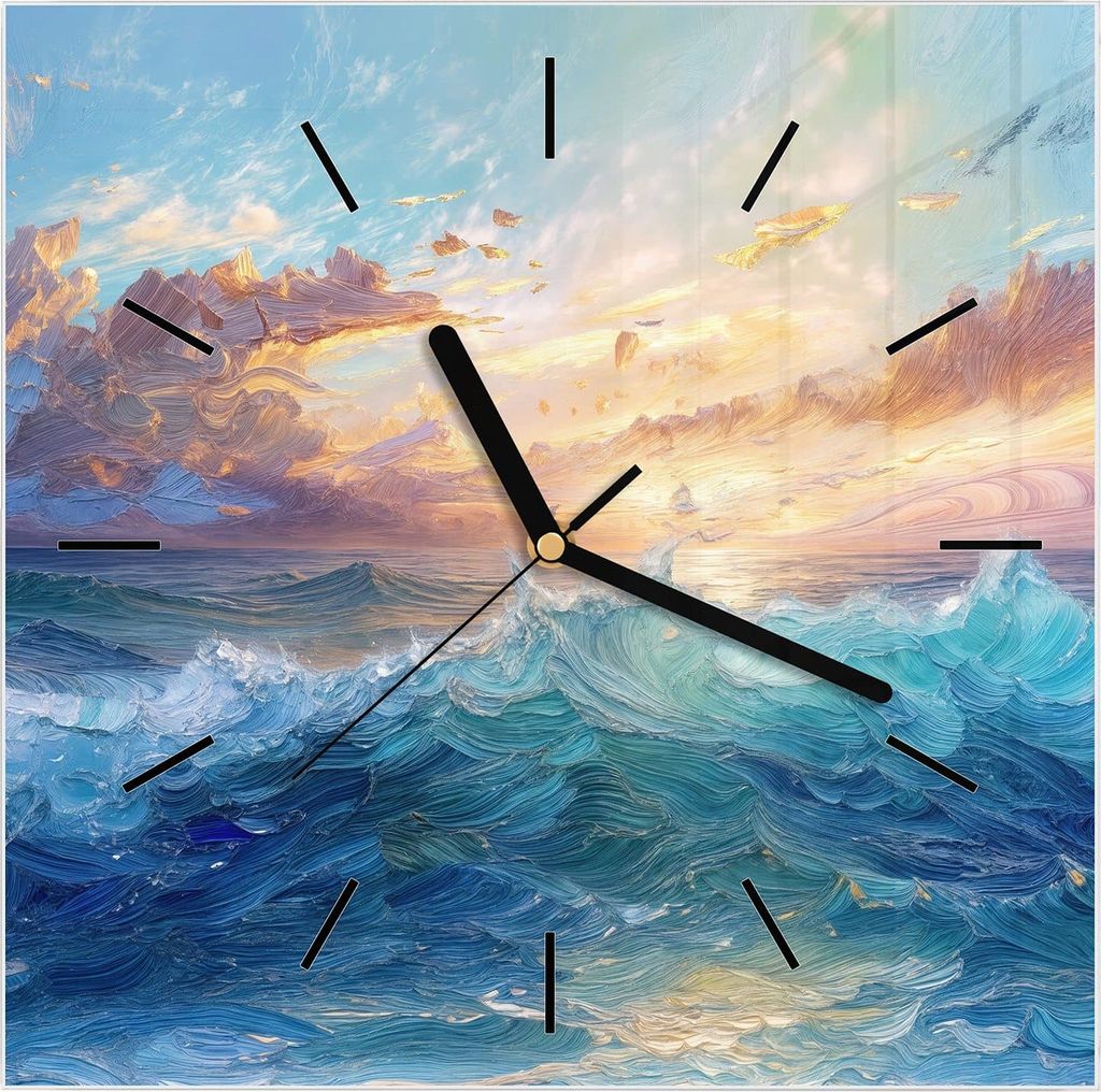 Wanduhr aus Glas mit Motiv Wellen und Himmel- 30 x 30 cm - inkl. Aufhängesystem