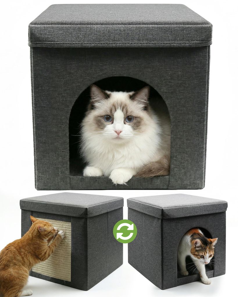 Katzenhöhle Katzenhaus Katzenbett zooprinz Simba | Plüsch & Sisal | Faltbar | Wendekissen | Anti-Rutsch-Boden | Leinenstoff | 3 mm MDF