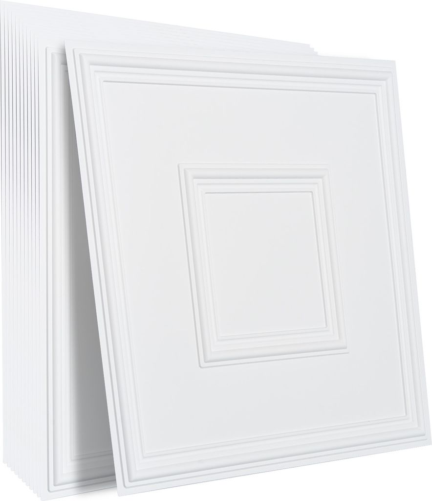 A stack of white ceiling tiles with a raised square pattern.