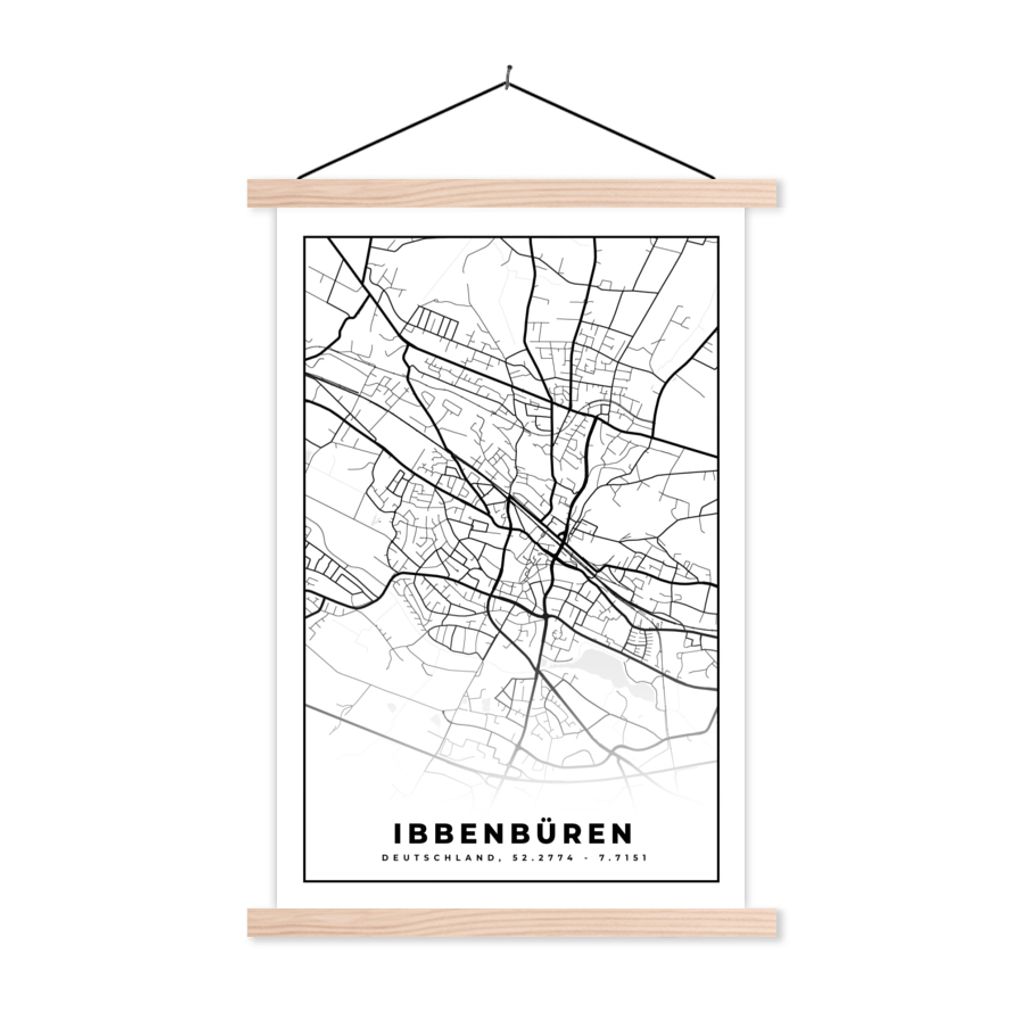 MuchoWow Textilposter Karte - Ibbenbüren - Karte - Stadtplan 120x180 cm mit holzfarbenen Rahmen - Textil-Plakat