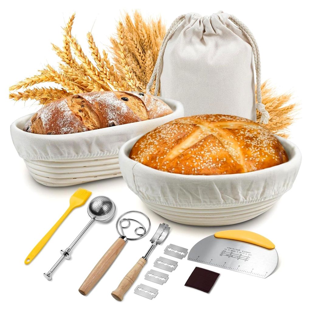 Gärkörbchen Set für Brot 23cm Rund & 24,5cm Oval mit Leinentuch, Teigschaber, Silikonpinsel, Teigbesen, Bäckermesser, Mehlsieb und Aufbewahrung...