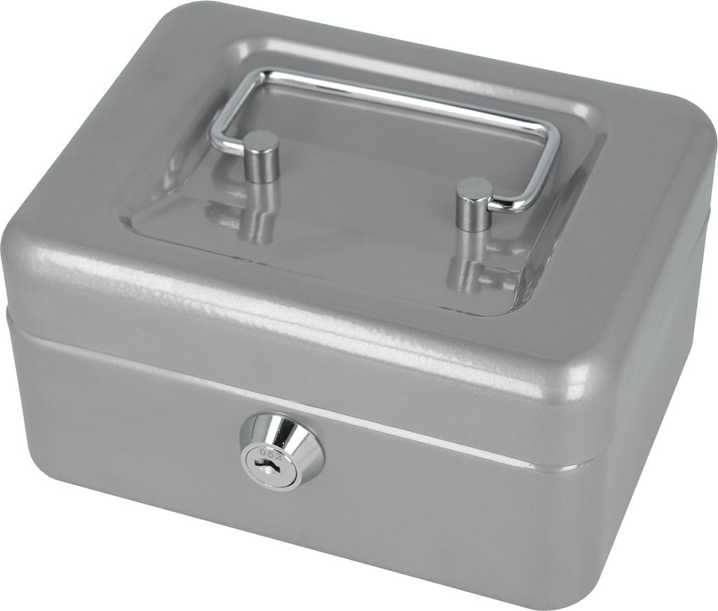 Geldkassette abschließbar (kompakt, 15 cm) Silber, 2 Schlüssel, Hartgeldeinsatz