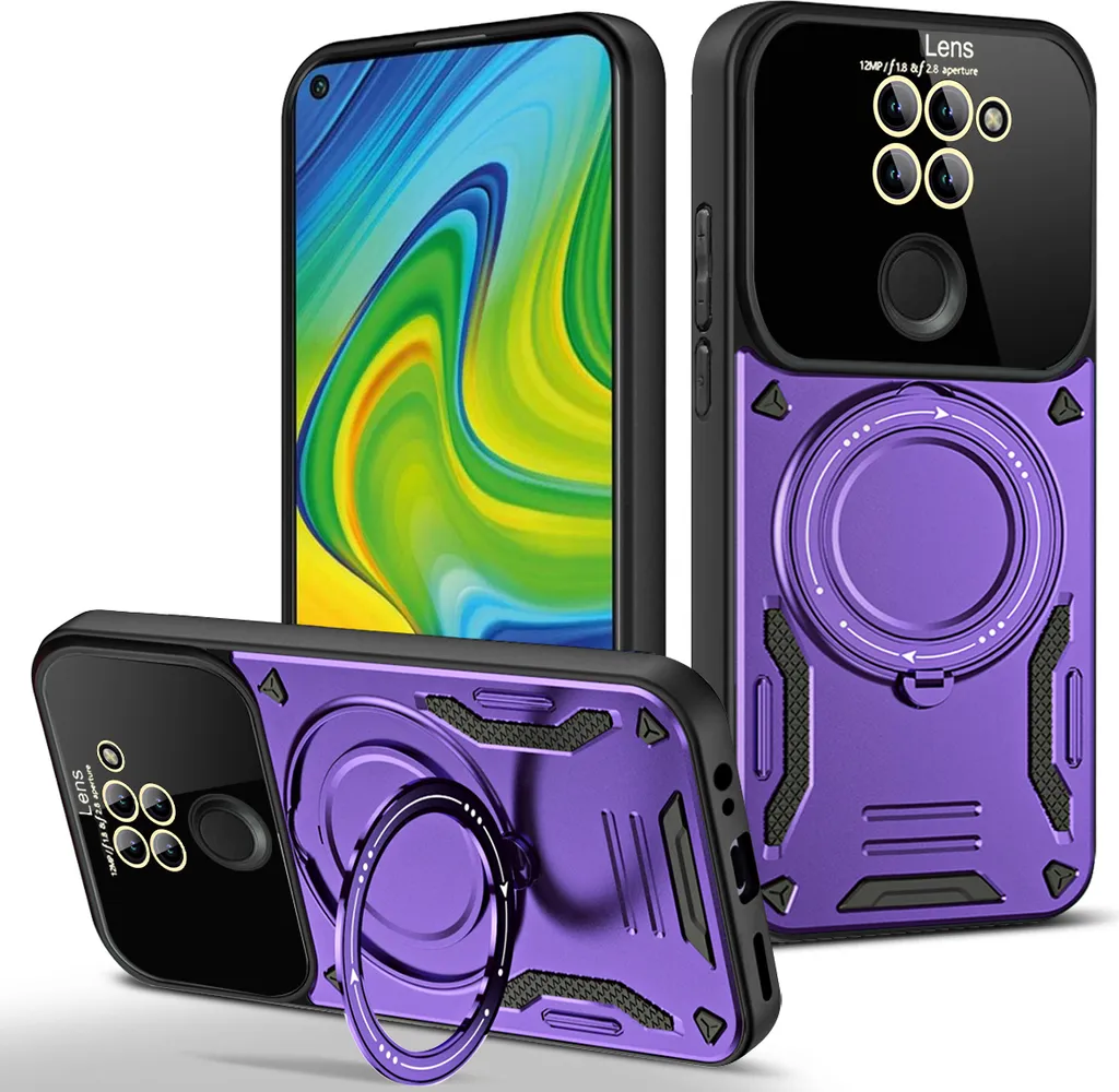 Custodia resistente per Xiaomi Redmi Note 9, custodia a due strati con supporto ad anello e supporto Viola