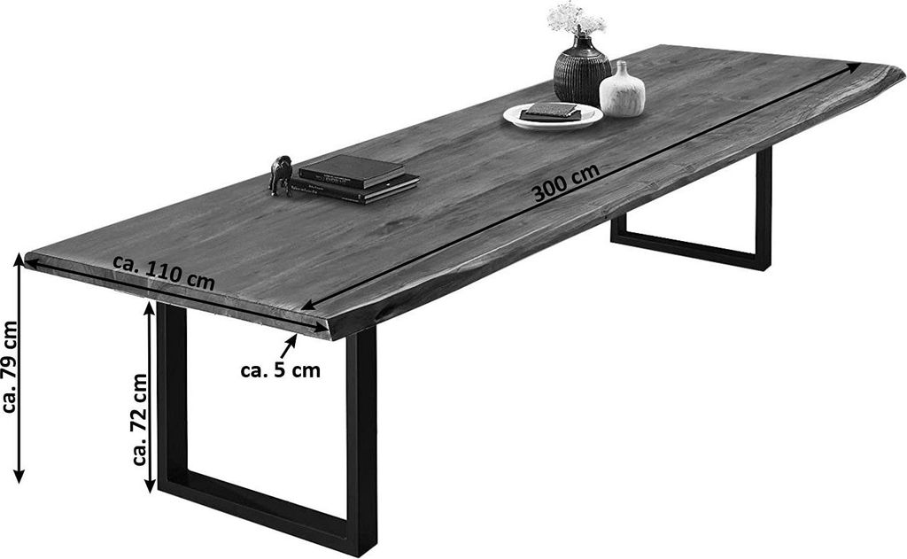 Esszimmertisch 300x110 cm Valin, Akazienholz nussbaumfarben & massiv, Baumkantentisch mit U -Gestell aus Metall Mattschwarz, echte Baumkante, Platt...