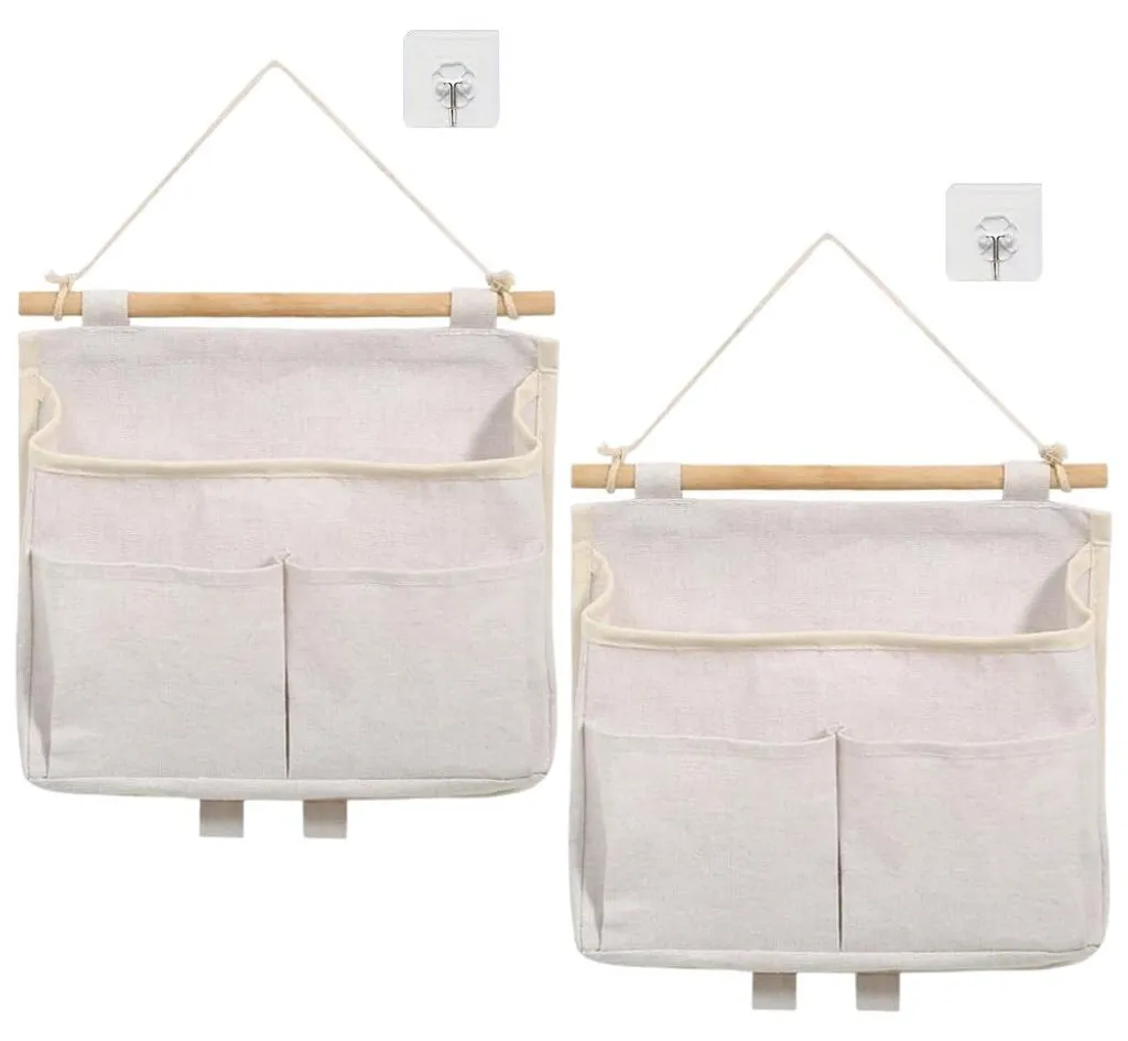 Étagère de rangement suspendue en tissu lin blanc à 3 poches, lot de 2