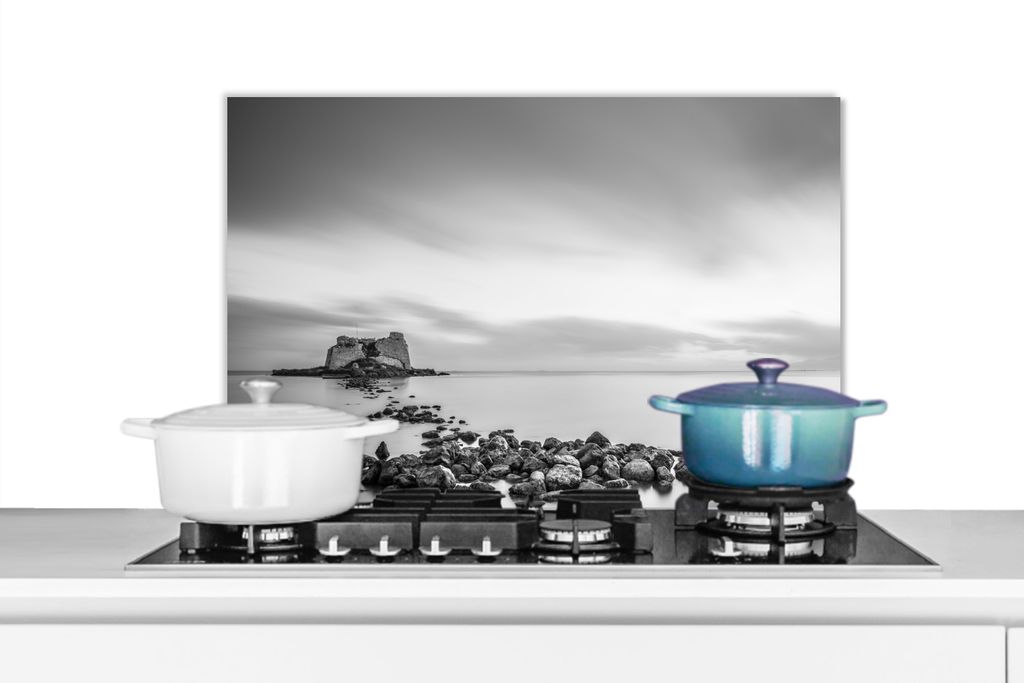 KitchenYeah Spritzschutz Küche - Küchenrückwand - Wandschutz für Herd und Spüle - Steine im Wasser schwarz und weiß 60x40 - Alu-Dibond (Alt...
