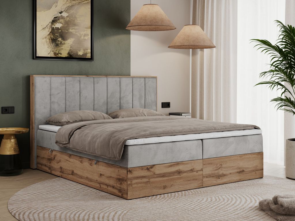MKS MEBLE Boxspringbett 140x200 mit Bettkasten Eiche, Polsterbett 140x200 mit Matratze H4, Bett 140x200 mit Kopfteil, Bett mit Holzrahmen in Wotan ...