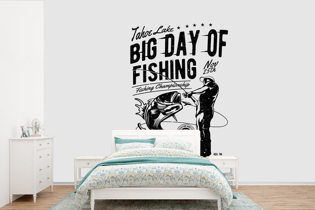 MuchoWow Fototapete für Wohnzimmer oder Schlafzimmer Wandtapete Vinyl Motivtapete Angeln - Rute - Jahrgang - 390x260 cm - Papiertapete
