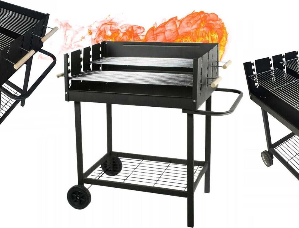 Collage of three images of a black rectangular grill on wheels, with flames visible in the background of the central image.