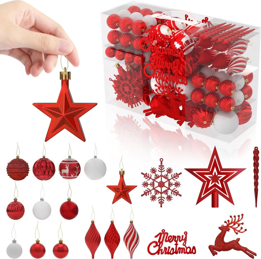 TRMLBE Weihnachtskugeln 108er Set Kunststoff Christbaumkugeln inkl. Sterne, Schneeflocken und Rentiere glänzend mit Glitzer, Ø 3, 4 & 6 cm Plasti...