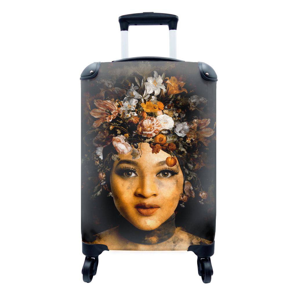 MuchoWow Koffer Handgepäck Trolley Rollkoffer Kleine Reisekoffer mit 4 Rollen - Frauen - Blumen - Gold - Cabin Size < 55x40x23 cm & 55x40x20 cm ...