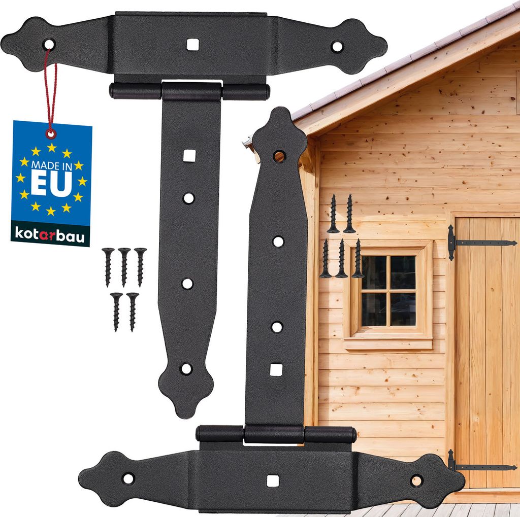 KOTARBAU 2er Set Kreuzgehänge 200 mm Ladenband Scharnier Band Platte Baubeschlag Torbeschlag Holzverbindung Werfgehänge T-Scharnier T-Band Pulv...