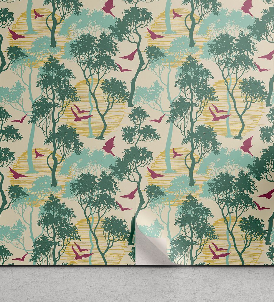 ABAKUHAUS Wald abziehbare & klebbare Tapete für Zuhause, Hand gezeichnete Bäume und Vögel, selbstklebendes Wohnzimmer Küchenakzent, 33 cm x 250...