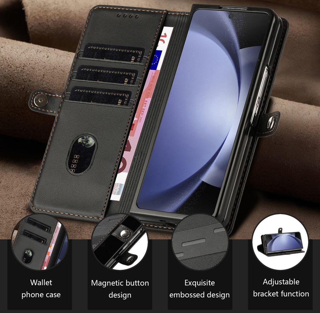 Hülle für Samsung Galaxy Z Fold 3, Kunstleder Brieftaschen Handyhülle mit Kartenfach und Standfunktion Schwarz