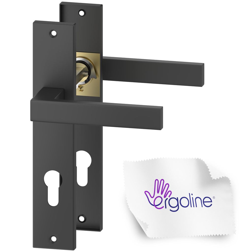 A black door handle set with a keyhole and a cleaning cloth with a logo.