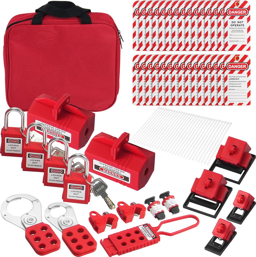 SucceBuy 47-teiliges elektrisches Lockout-Tagout-Kit mit Vorhängeschlössern, Haspen, Etiketten und Kabelbindern für Industriestrom