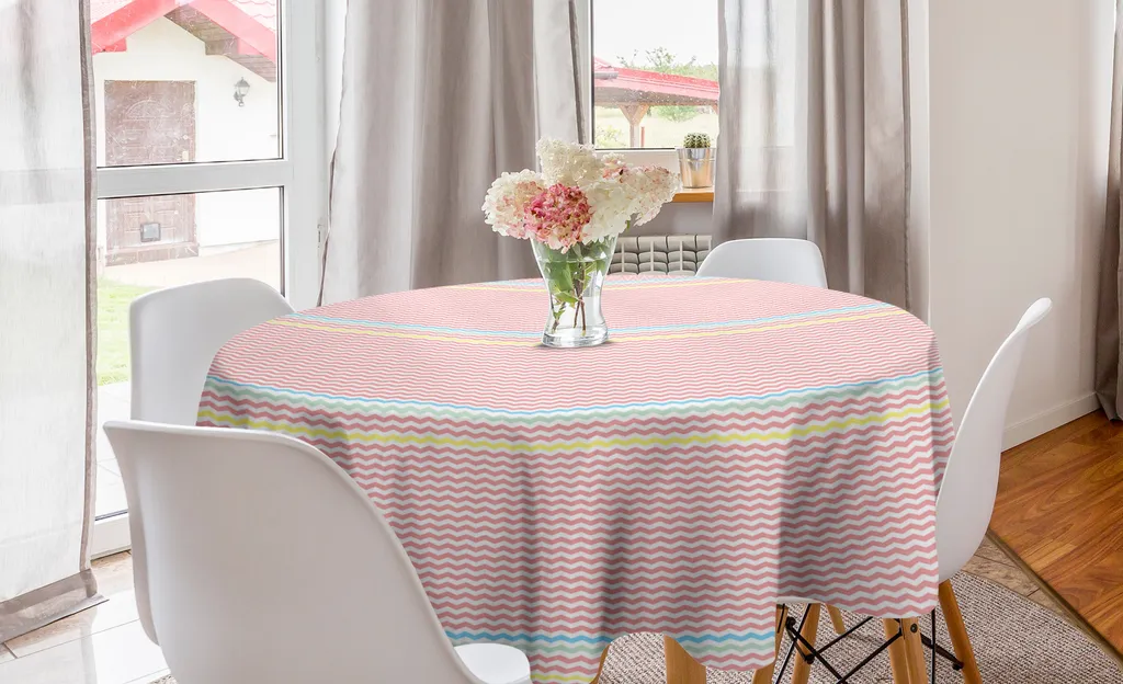 ABAKUHAUS Tovaglia rotonda a zig zag, strisce ondulate creative e moderne, tovaglia circolare per decorare la sala da pranzo e la cucina, 150 cm, corallo e multicolore