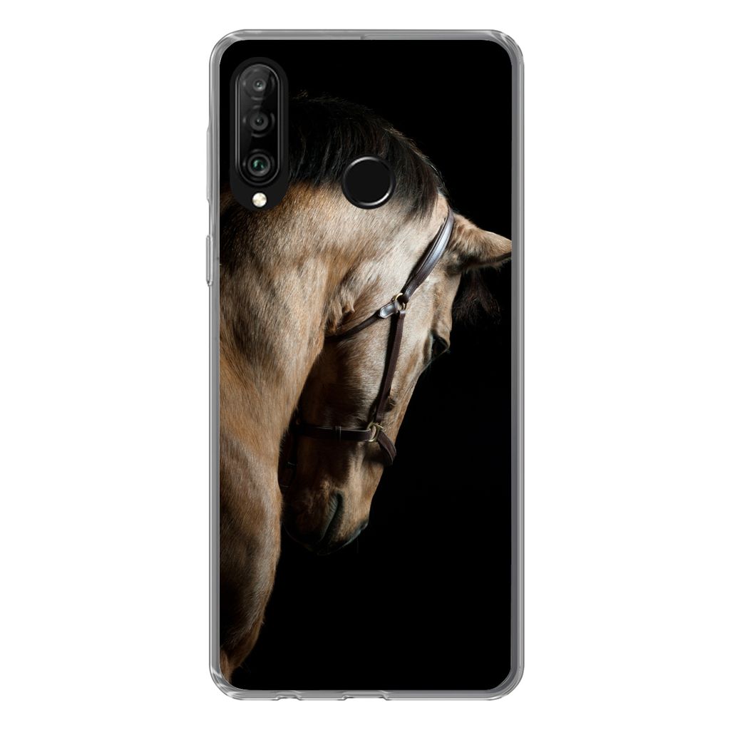 MuchoWow Handyhülle Schutzhülle Hülle für Huawei P30 Lite Pferde - Halfter - Schwarz Silikon Softcase Handy Hülle - Handyhülle