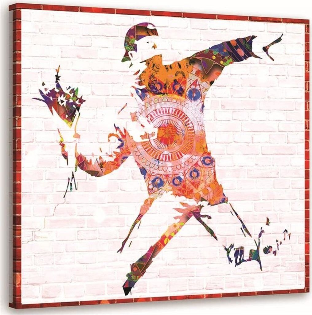 Leinwandbild banksy hooligan mit einem blumenstrauß 50x50 cm Feeby farbe wandbild bereit zum aufhängen