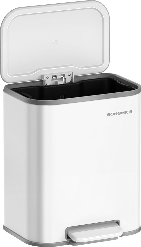 A white pedal trash can with its lid open.
