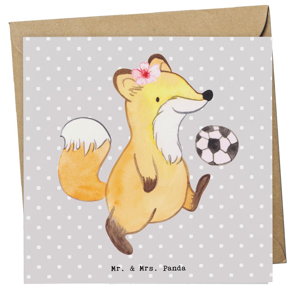 Mr. & Mrs. Panda Klappkarte Fußballerin Herz - Grau Pastell - Geschenk, Fußballspiel, Grußkarte, anlasskarte, doppelkarte, Turnier, Glücksbring...