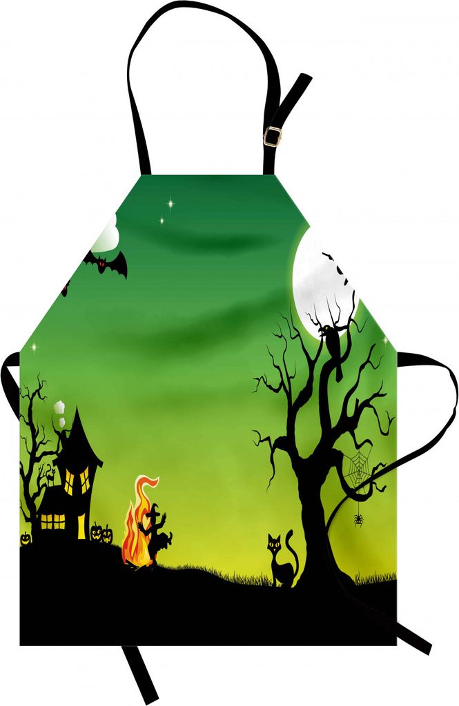 ABAKUHAUS Halloween Kochschürze, Hexen, die mit Feuer tanzen und an Halloween-altem Western-Horror-Bild fliegen, Farbfest Höhenverstellbar Waschb...