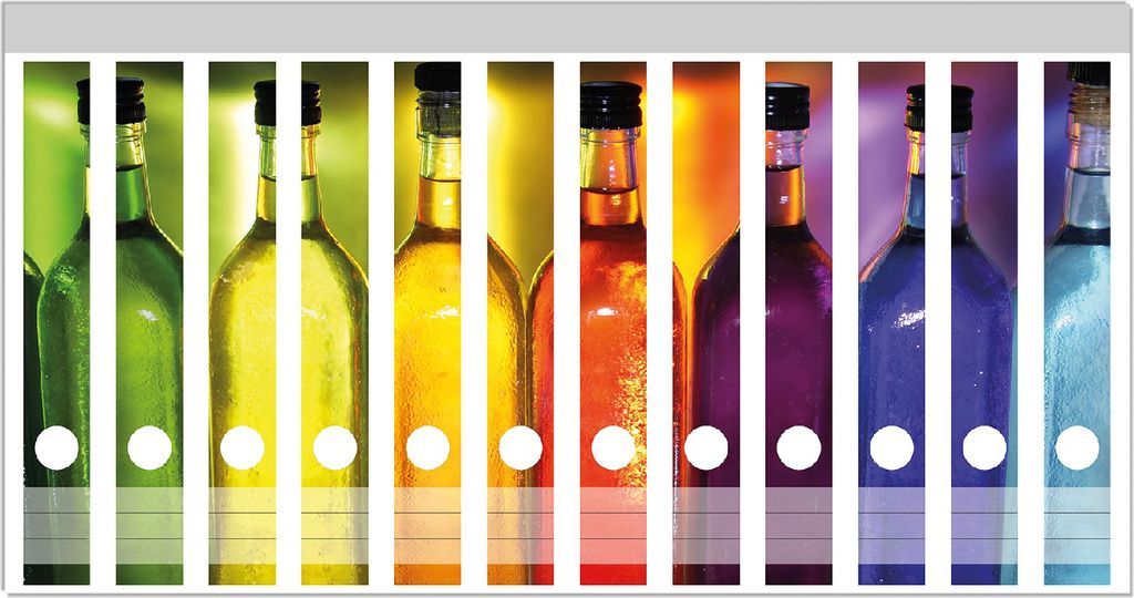 Wallario Ordnerrücken Sticker, selbstklebend für schmale Ordner, 12 Stück, Motiv Bunte Flaschen im Regal