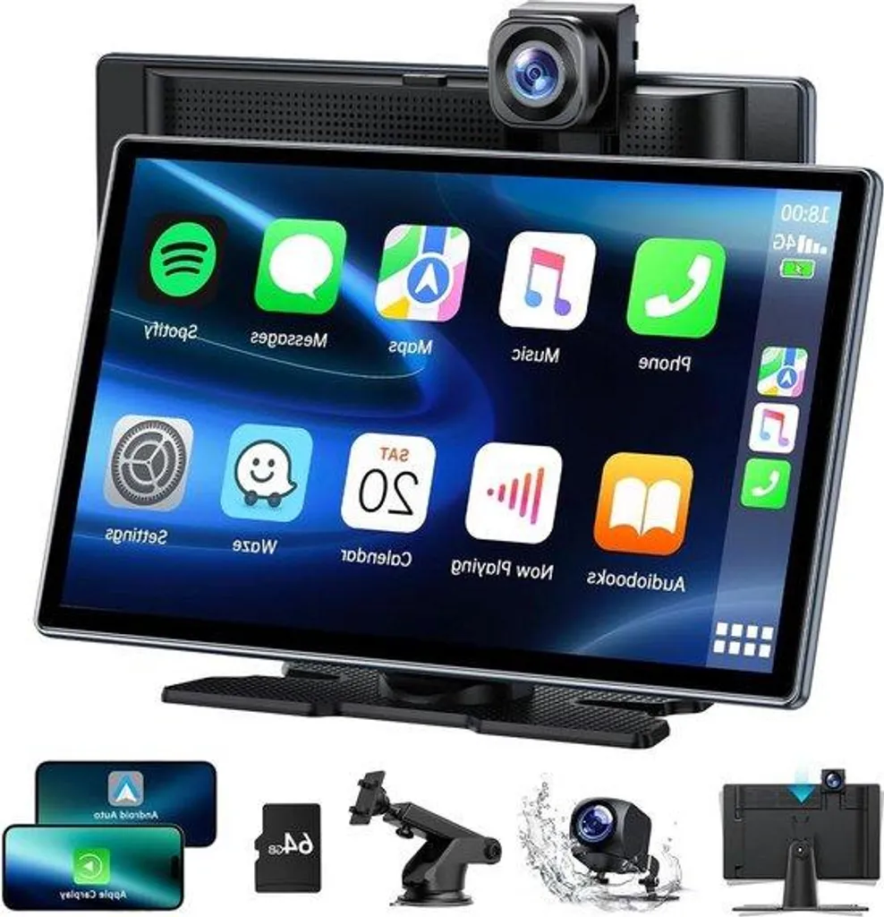 Écran Carplay Portable 9 Pouces Dashcam 4K et Caméra de Recul Inclus