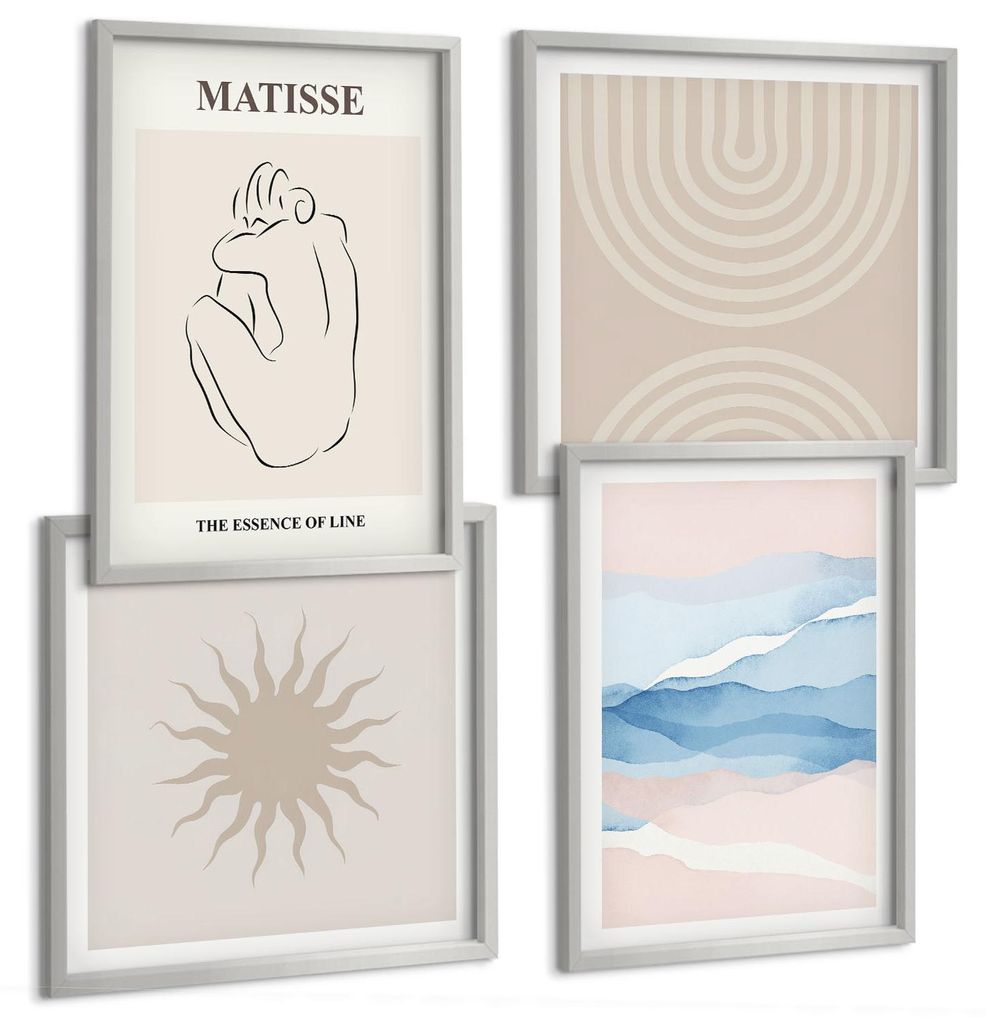 Bilder Set 4-teilig im silbergerahmten Rahmen – Wandbilder 4 Stück – gerahmte Poster für Wohnzimmer, Schlafzimmer und Flur – 50x50 cm - 40x...