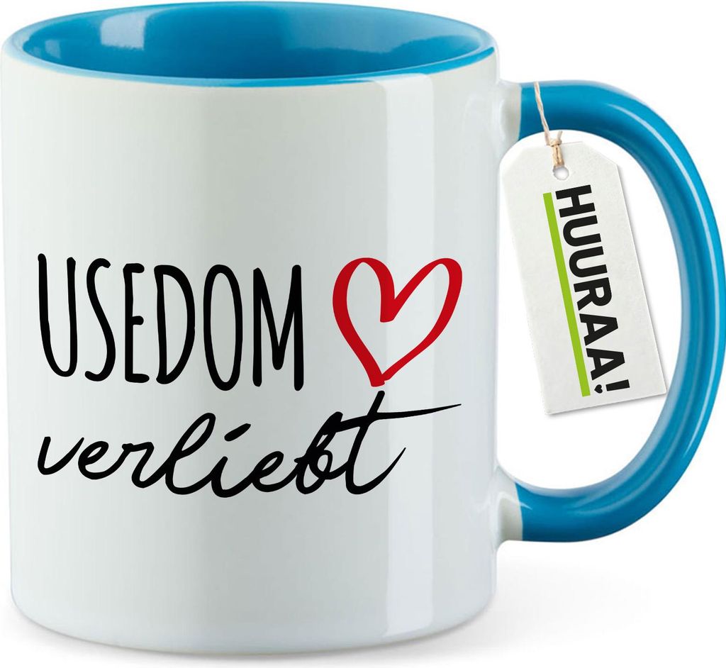 Huuraa Kaffeetasse Usedom verliebt 330ml Blau Keramik Kaffeebecher Geschenkidee