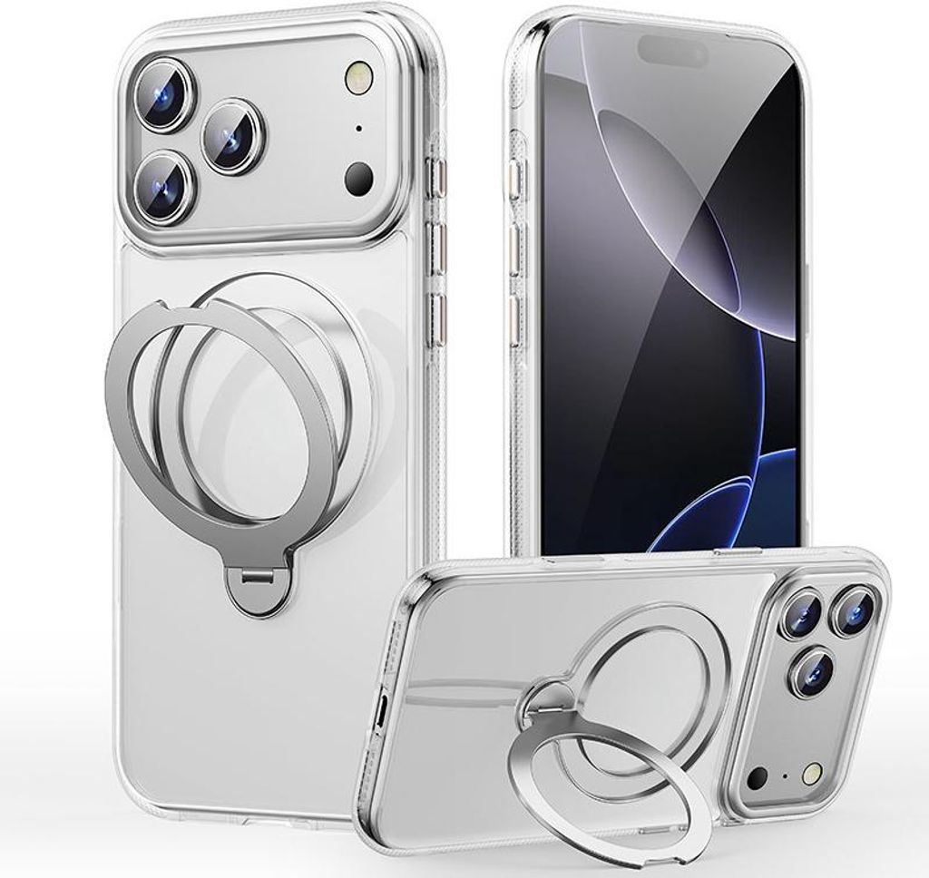 Schutzhülle für iPhone 14/15/16/17Pro Max, 360° Drehbare, Ringhalter, Militärischer Fallschutz, Nano-Beschichtung, Transparent