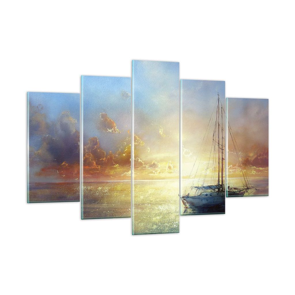 Bilder auf glas - 5 Teile - Segelboot Westen die Sonne - 150x100cm - Glasbilder - Wandbilder - Bilder - Wanddekoration aus Glas - Glas Bilder - Wan...