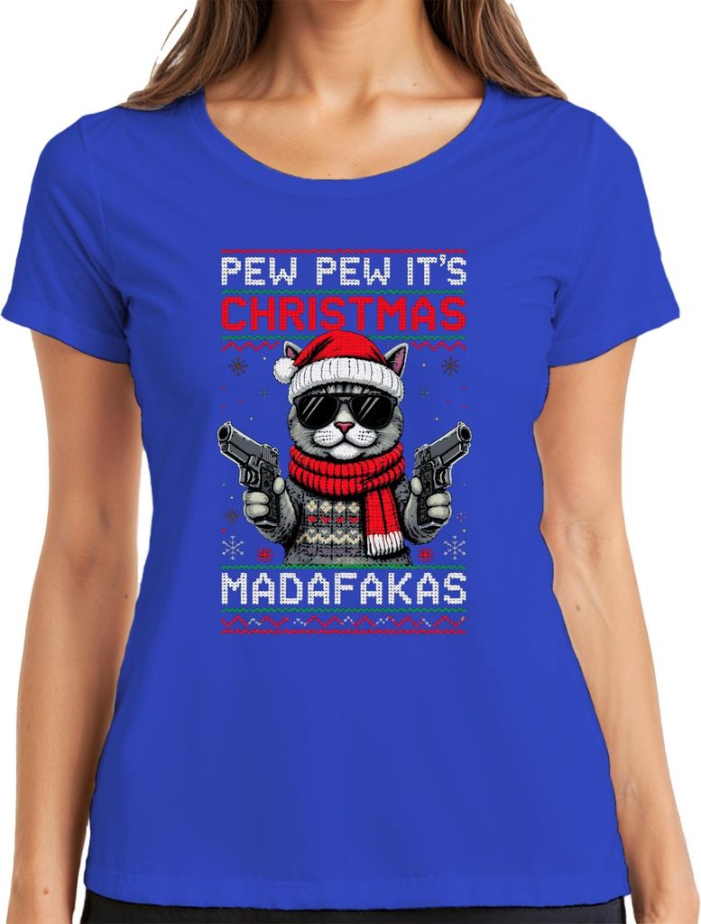 PEW PEW ITS CHRISTMAS MADAFaKAS Katze Sonnenbrille Pistolen Damen T-Shirt, Blau, XXL