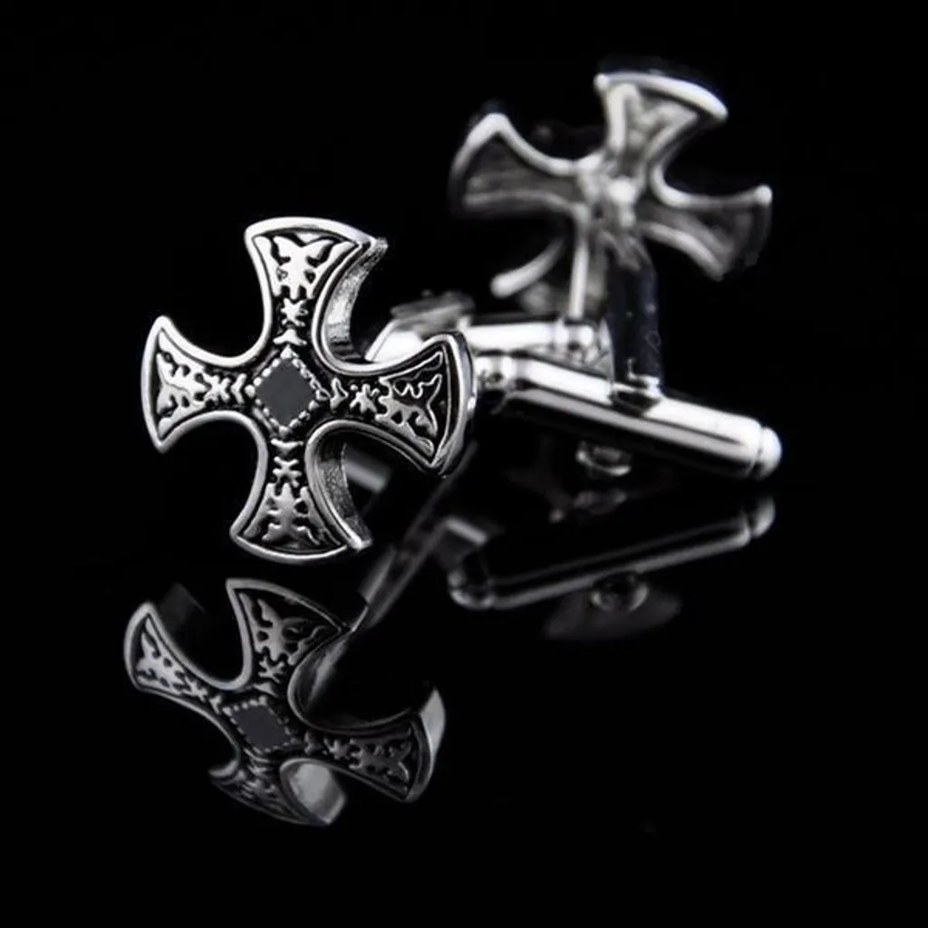 Boutons de manchette croix en acier rhodié poli pour chemise homme