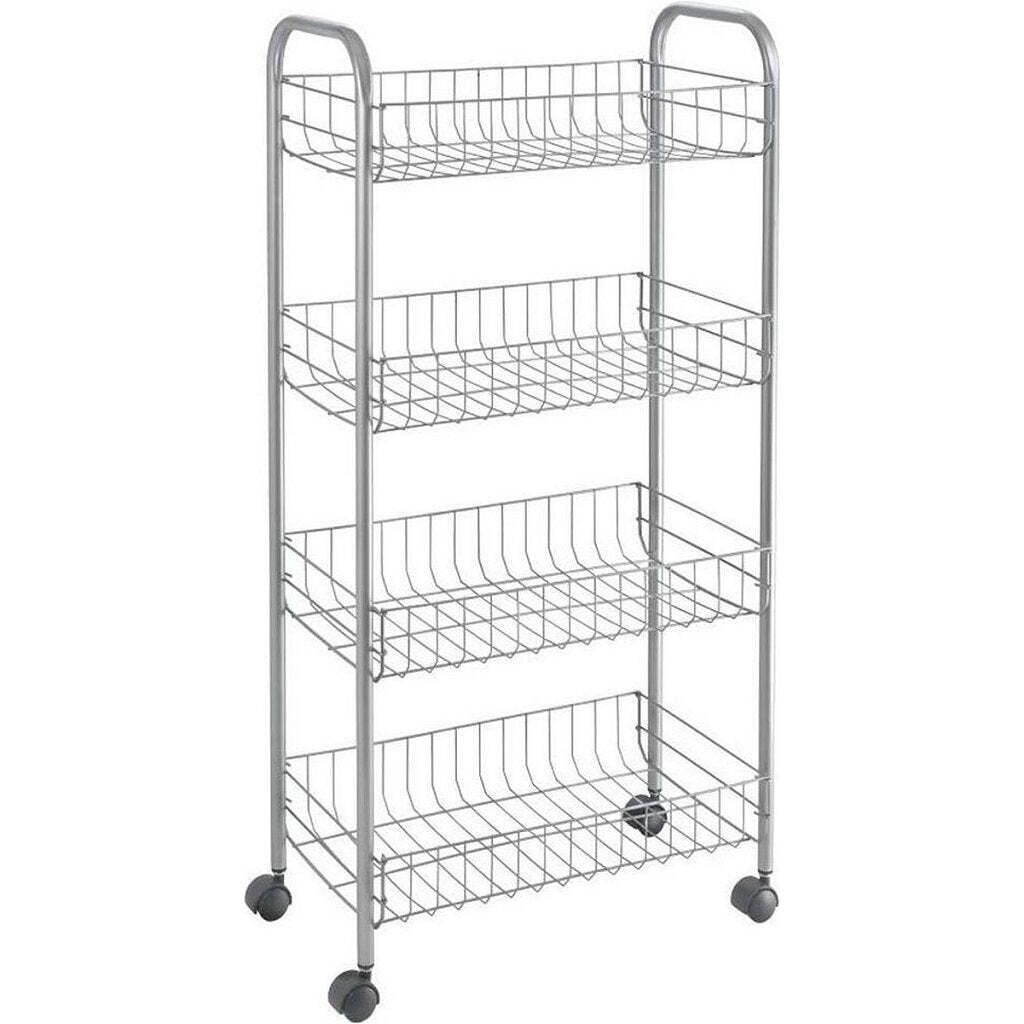 A silver metal storage trolley with four baskets and wheels, shown against a white background.
