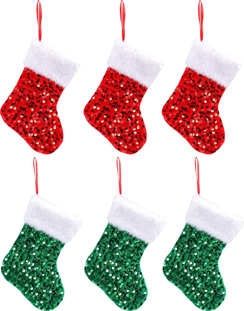 Weihnachtsstrumpf, Mini-Geschenktüte mit Pailletten und weißem Plüschrand, Weihnachtsbaum-Geschenktüte zum Aufhängen, Süßigkeiten, Snacks, S...