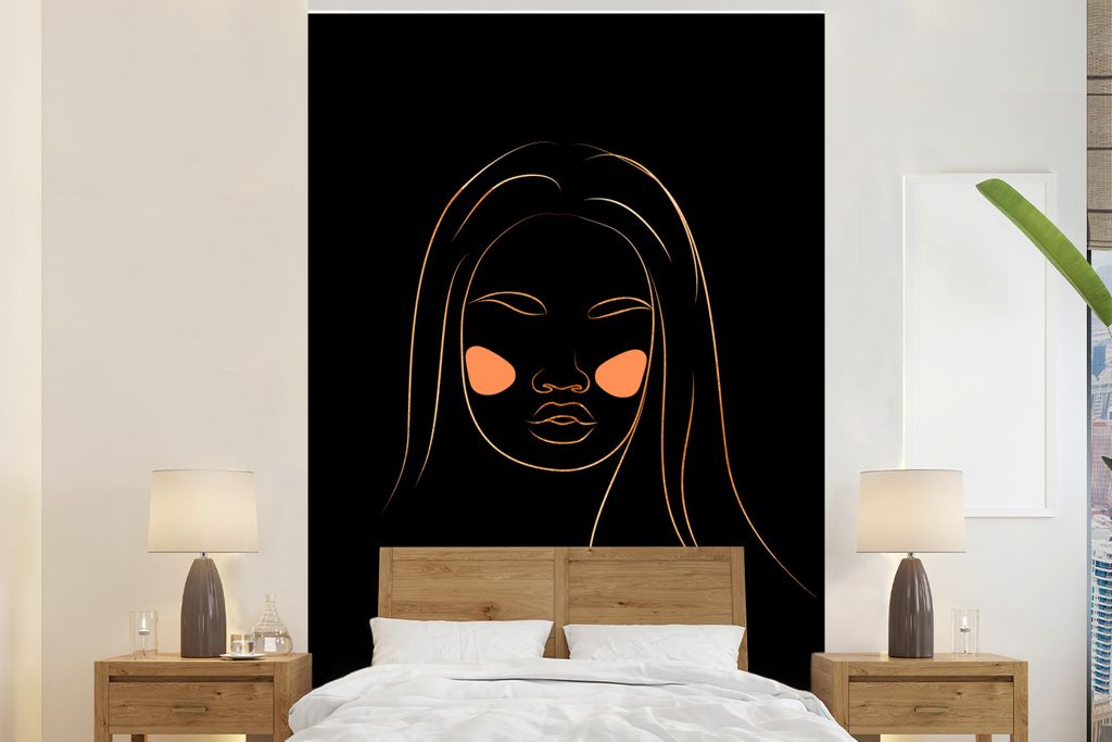 MuchoWow Fototapete für Wohnzimmer oder Schlafzimmer Wandtapete Vinyl Motivtapete Frau - Gold - Rosa - Strichzeichnung - 170x260 cm - Wohnzimmer...