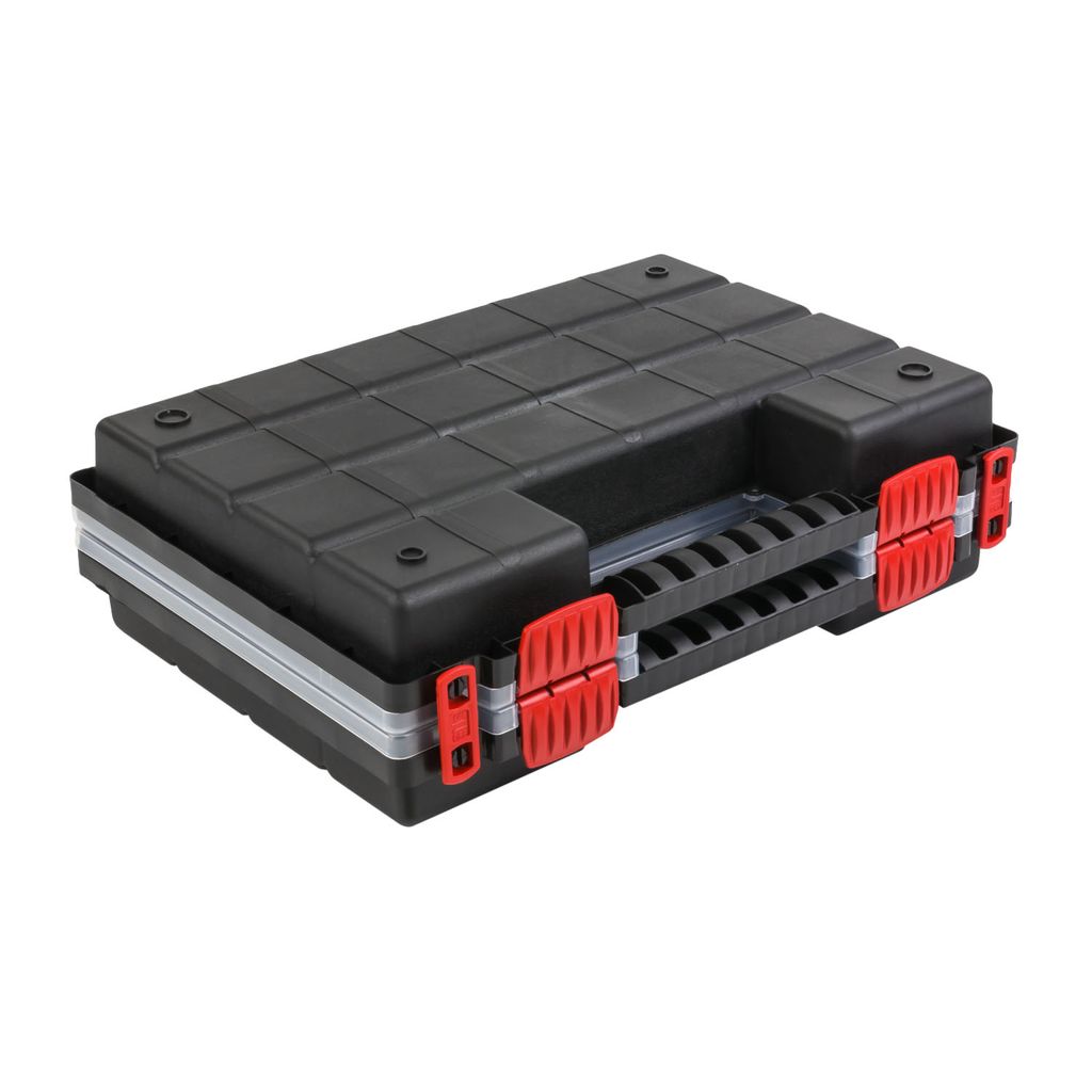 A black plastic storage box with red latches, shown from a slightly elevated side angle against a white background.