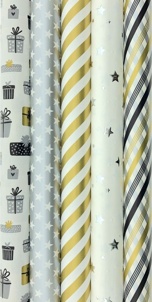 GOLD und SILBER Geschenkpapier – Weihnachtspapier für Weihnachten – 3 Meter x 70 cm – 5 Rollen