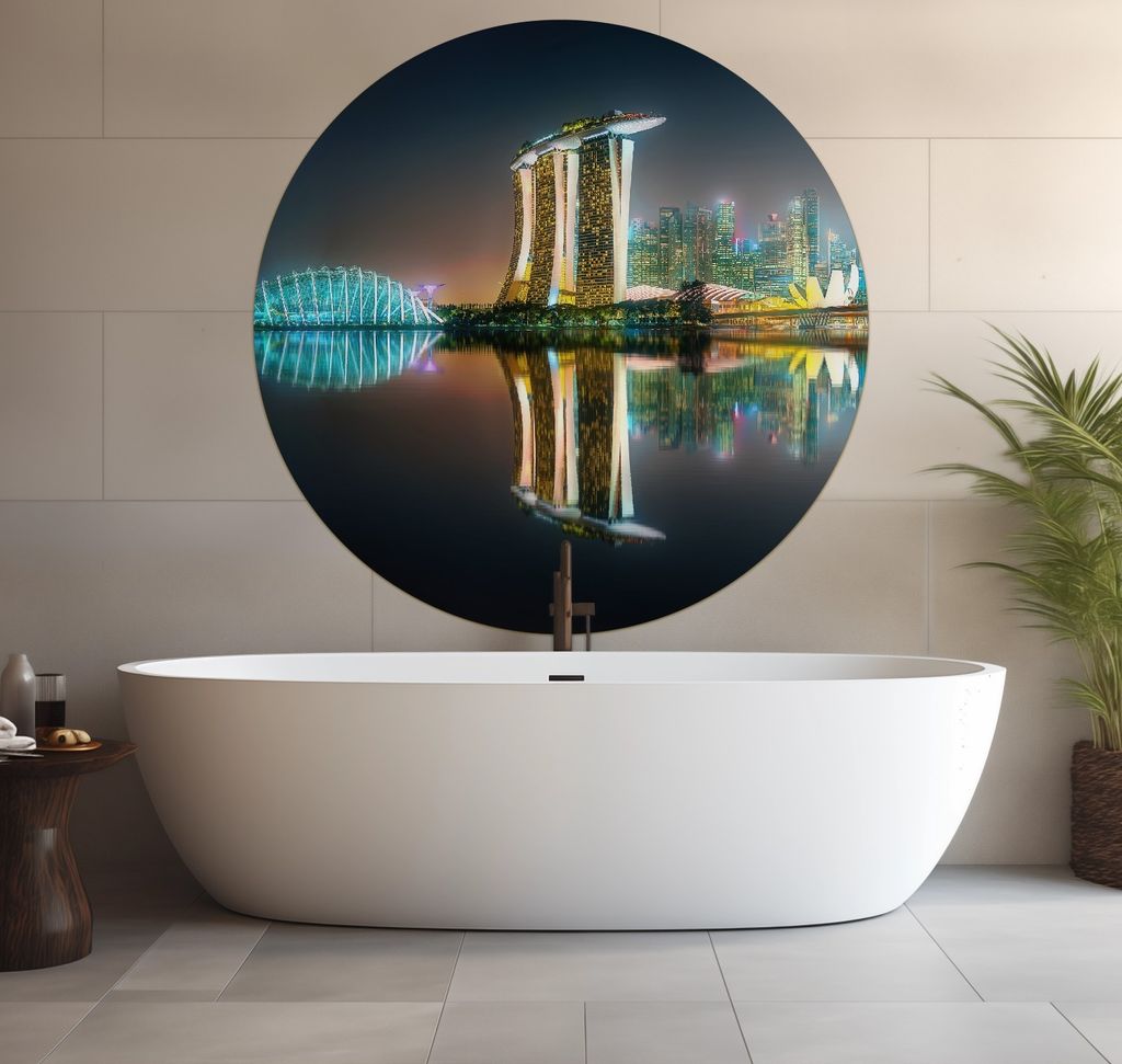 Wallario wasserfestes Poster selbstklebend 120 x 120 cm, Singapur bei Nacht, Badezimmerposter Spritzschutz mit Hochglanzoberfläche in Glasoptik