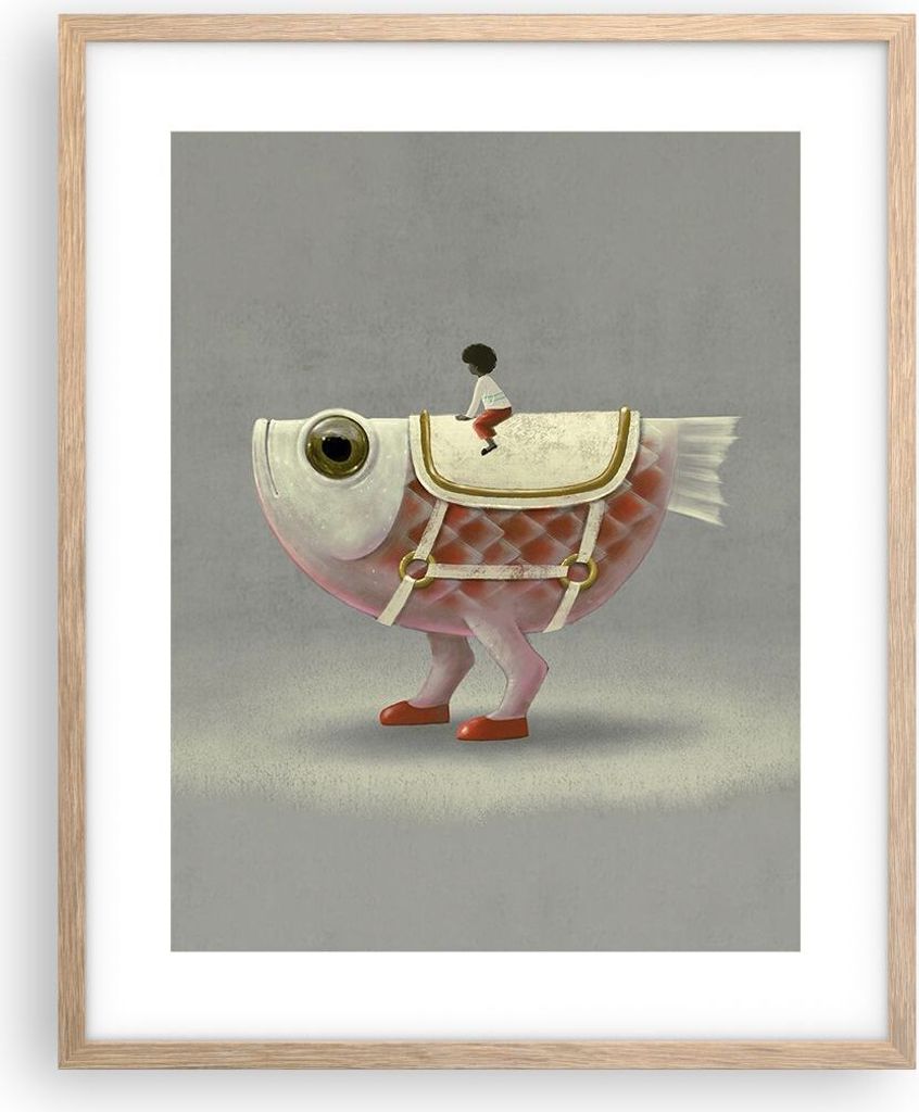 Gerahmtes Poster - Rahmen in heller Eiche - Surreal Fisch Kind - 40x50 cm - Wand Bild - Wanddeko - Wandbilder - Kunstposter - Wandposter - Bilderra...
