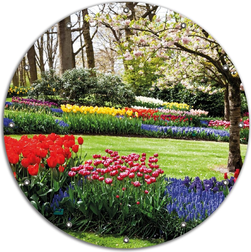 Wallario rundes Outdoor-Poster für Garten oder Balkon, Motiv Bunte Blumen und Kirsch-Baum im Park blühen im Frühling, 90 cm Durchmesser