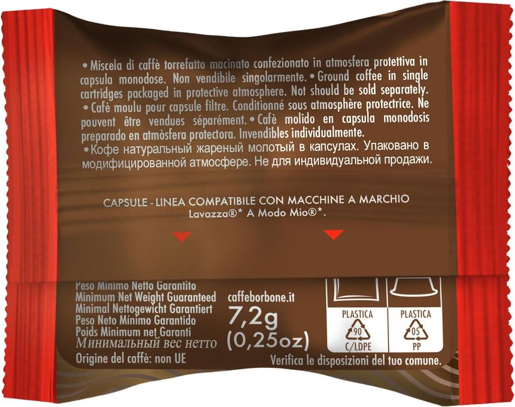The back of a coffee capsule package with multilingual text and recycling symbols.