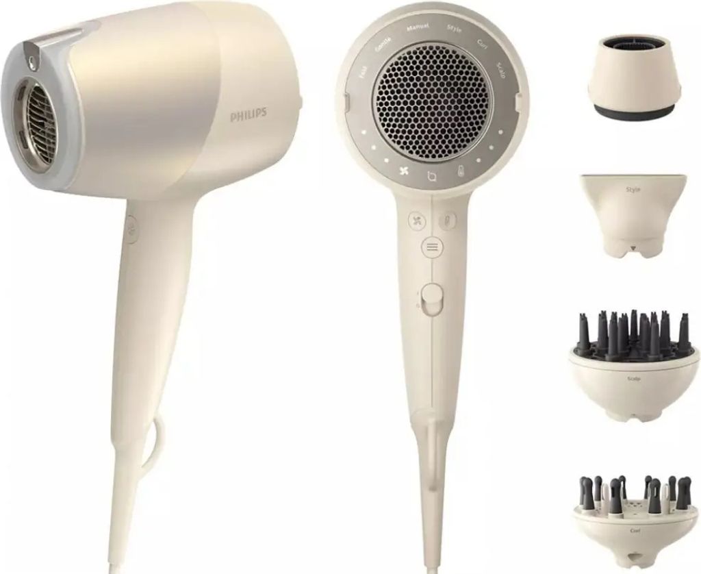 A collection of images showing a Philips hair dryer and its attachments against a white background.