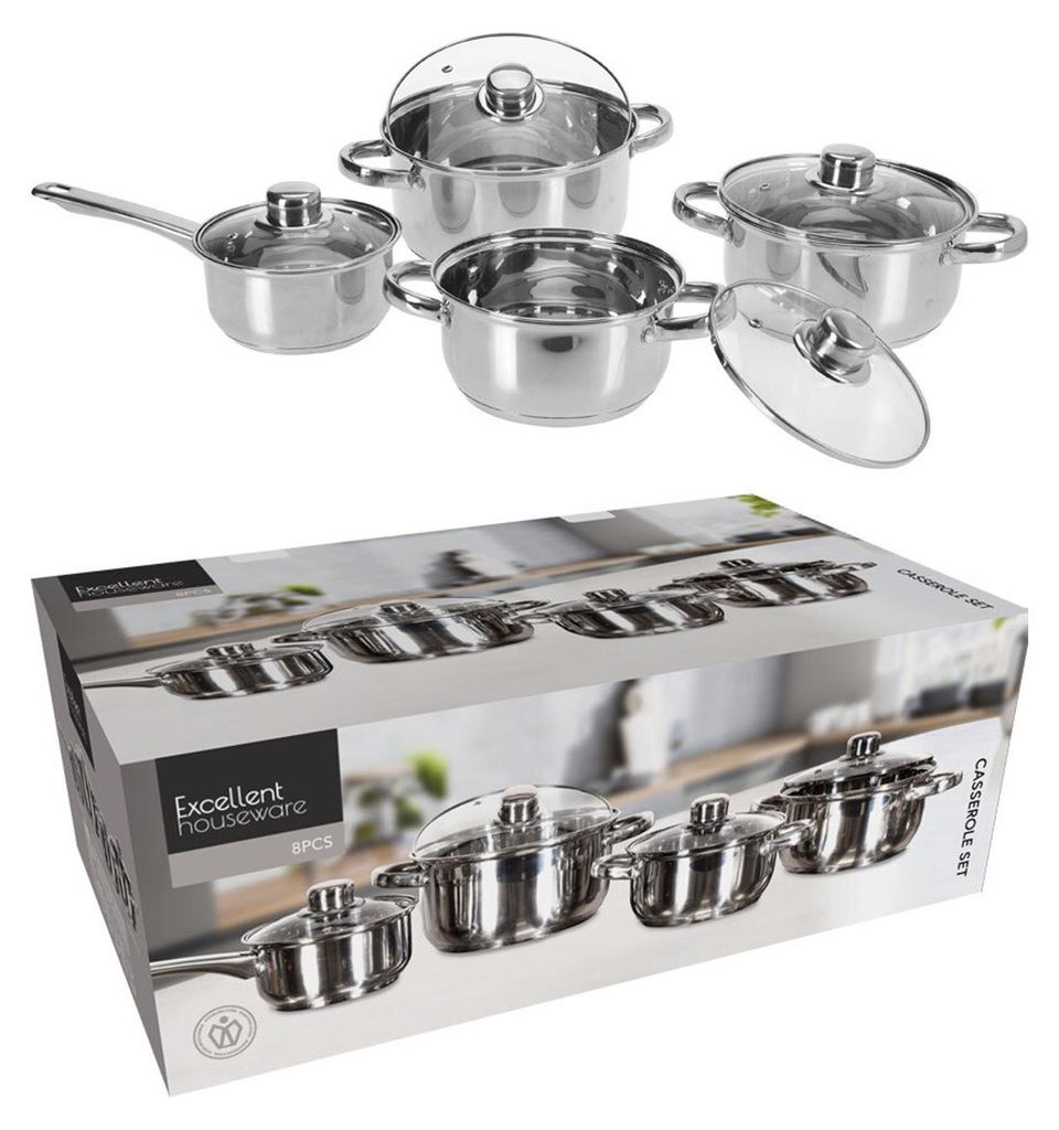 A set of stainless steel pots and pans with glass lids, displayed both individually and on their packaging.