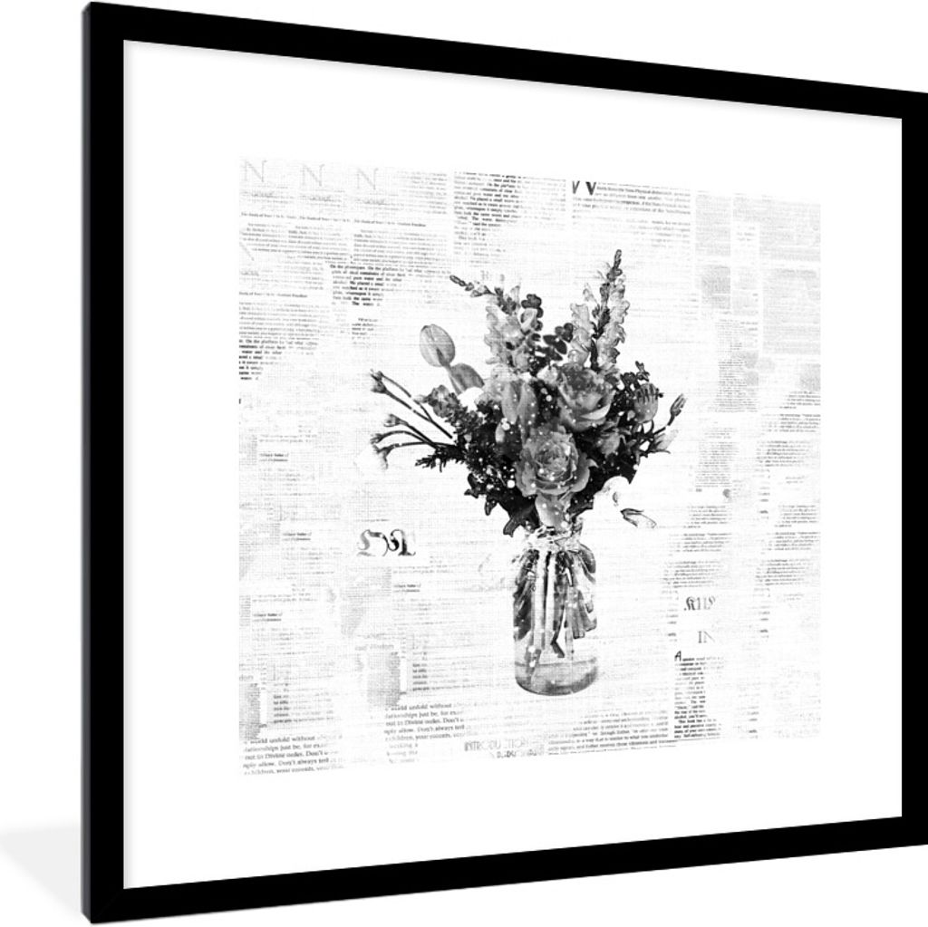 MuchoWow Gerahmtes Poster Vase - Blumen - Zeitung - Schwarz - Weiß 40x40 cm - Poster mit Schwarzem Bilderrahmen Wandposter Rahmen Foto Bilder - ...