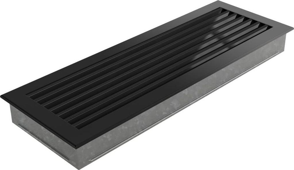 A black ventilation grille with a metal casing, shown from a diagonal angle on a white background.
